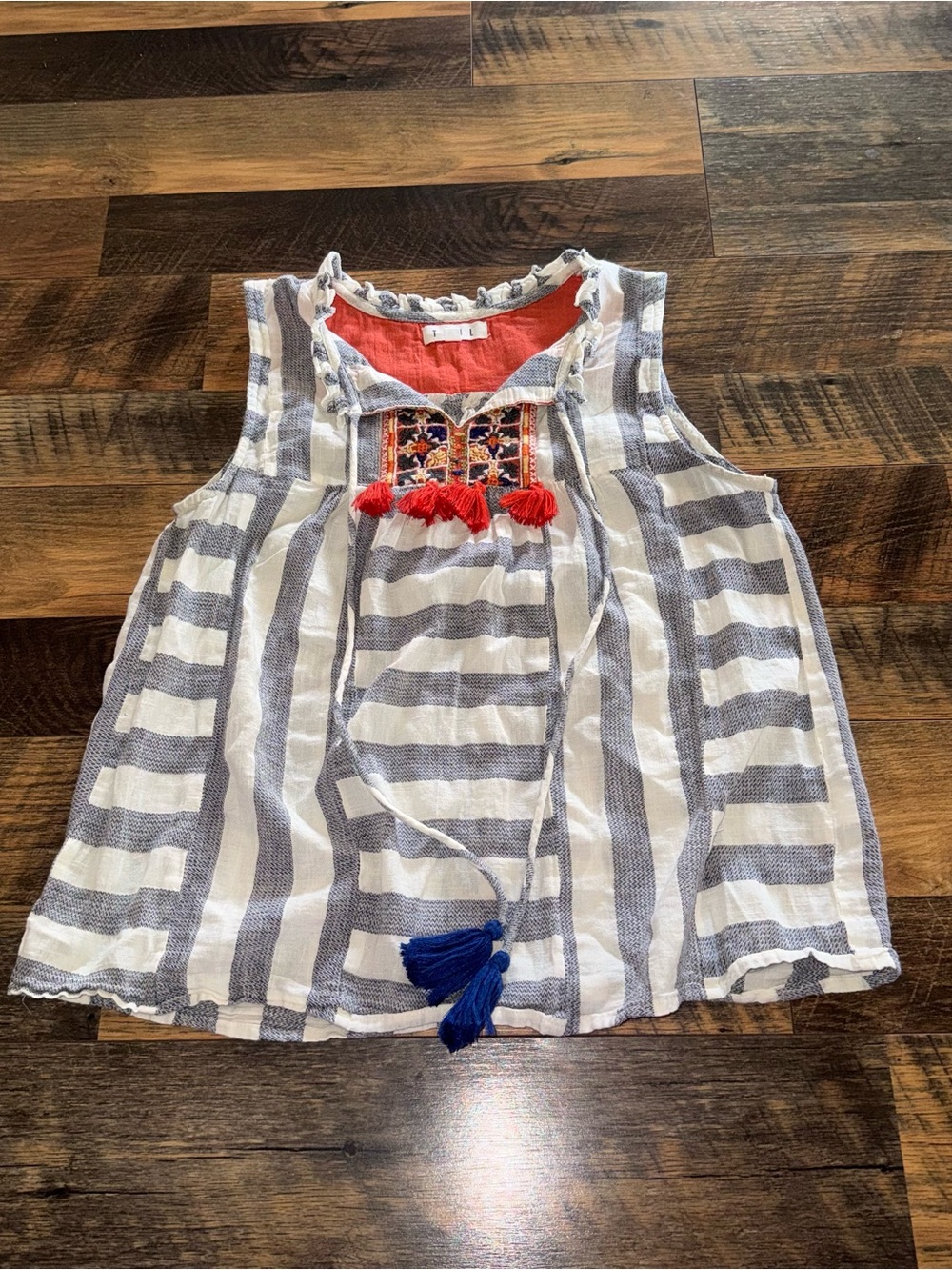 THML Womens Blue & White Striped Sleeveless Tank with Red Tassel Embroidery